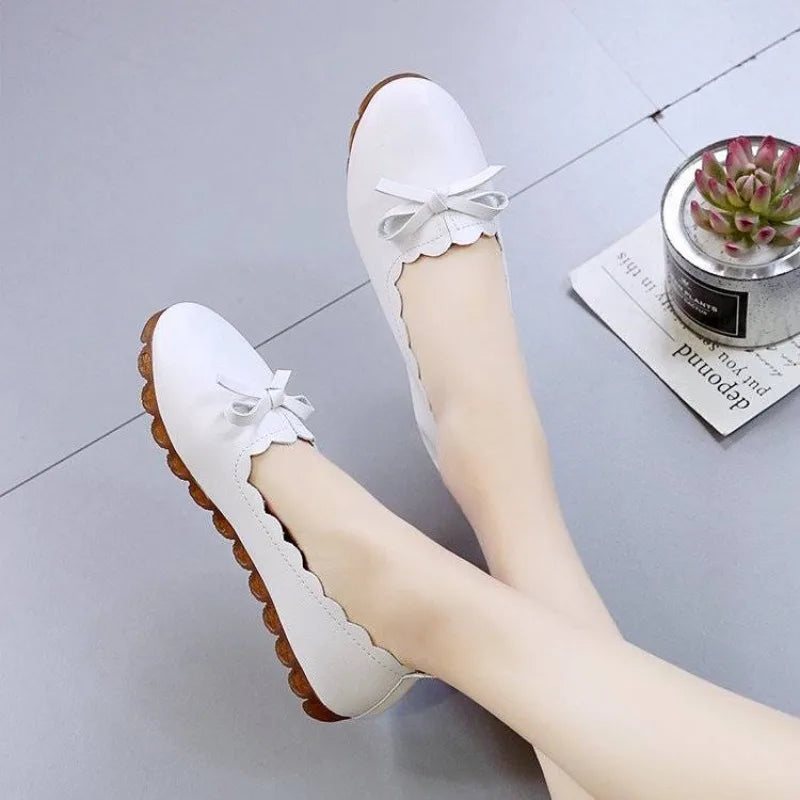 Shoes For Women Luxury Leather Casual Round Toe Moccasins With Bow Woman Flats Novelties And Low Price Elegant Fashionable A