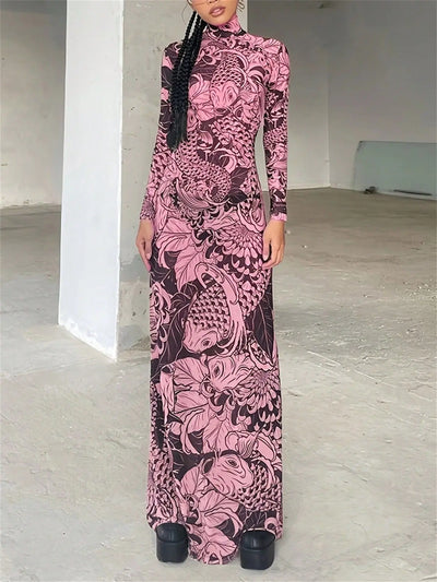 Women's clothing 2025 autumn new fashion mesh printing transparent high collar slim fit dress female