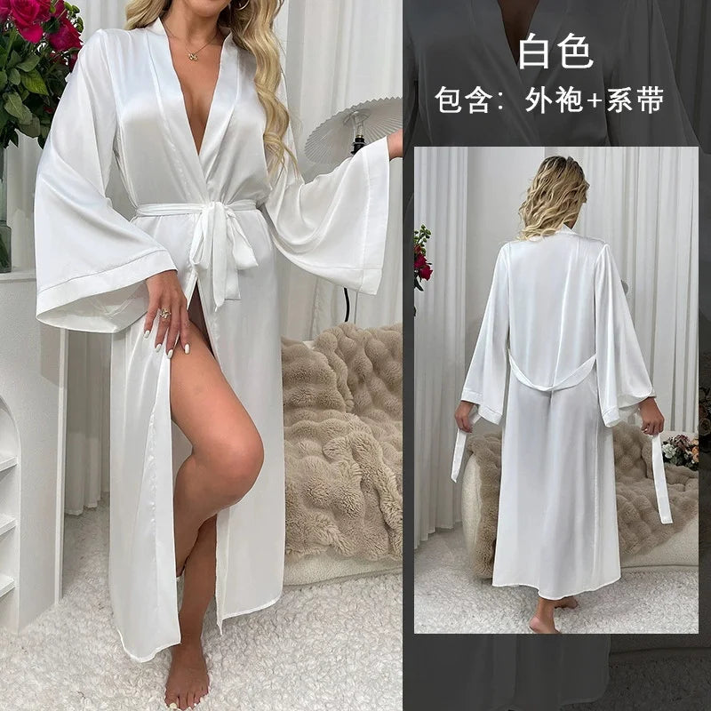 Female Long Robe Sexy White Mesh Patchwork Nightgown Kimono Bathrobe Dressing Gown New Elegant Silky Satin Home Dress Loungewear