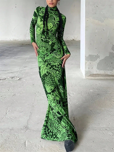Women's clothing 2025 autumn new fashion mesh printing transparent high collar slim fit dress female