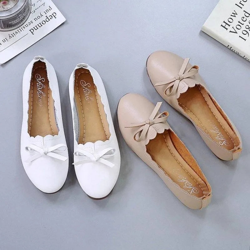 Shoes For Women Luxury Leather Casual Round Toe Moccasins With Bow Woman Flats Novelties And Low Price Elegant Fashionable A