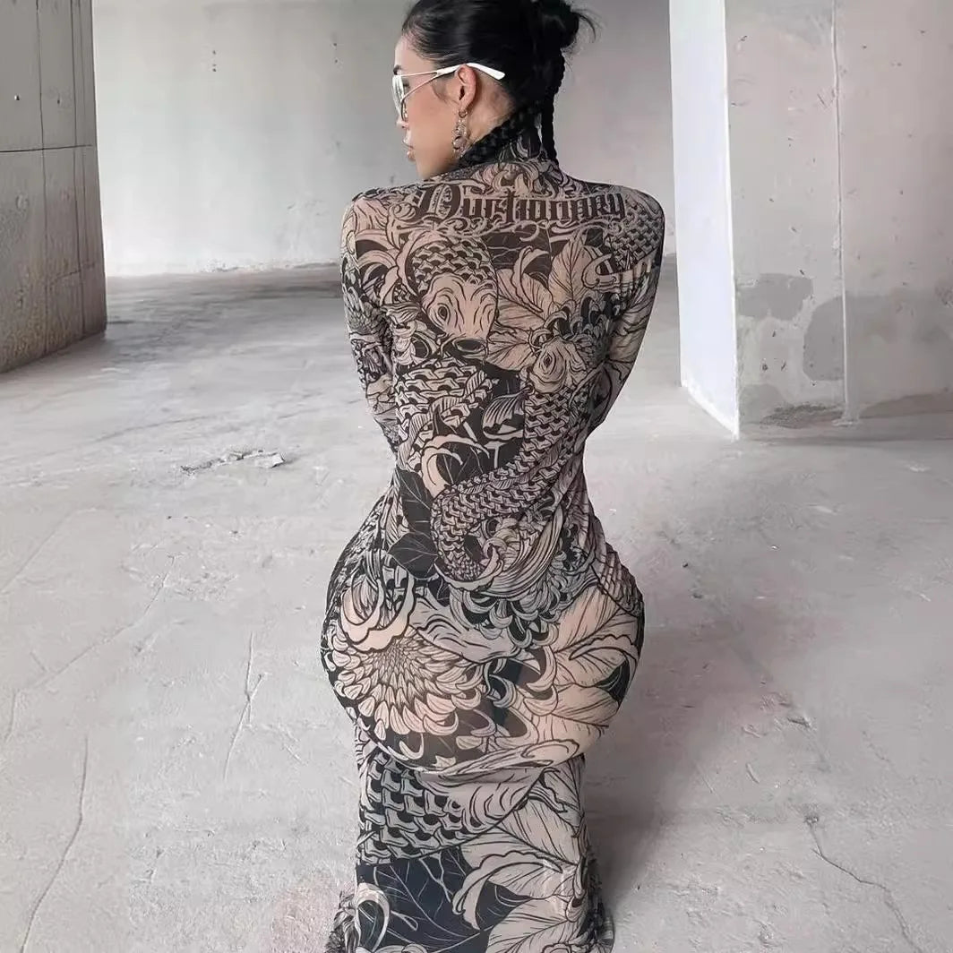 Women's clothing 2025 autumn new fashion mesh printing transparent high collar slim fit dress female