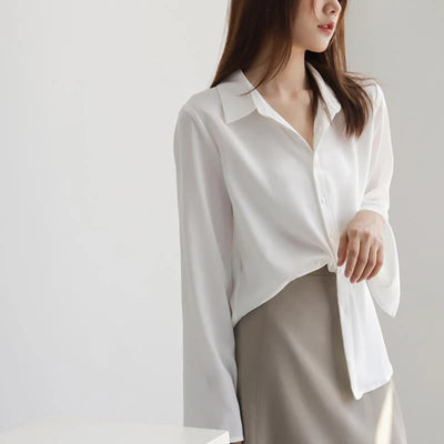 Women Chiffon Blouse Fashion Solid Long Flare Sleeve OL Office Lady Work Top Shirts V-neck White Shirt Elegant Female Clothes