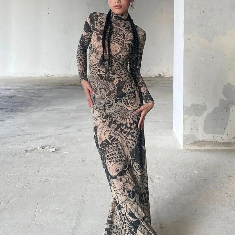 Women's clothing 2025 autumn new fashion mesh printing transparent high collar slim fit dress female