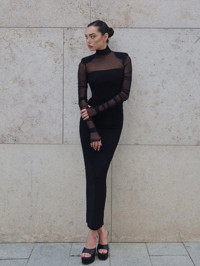 Mesh Patchwork Dresses For Women Fashion Sexy Streetwear Full Sleeve See Through Turtle Neck Slim Fit Long Vestidos Robes Female