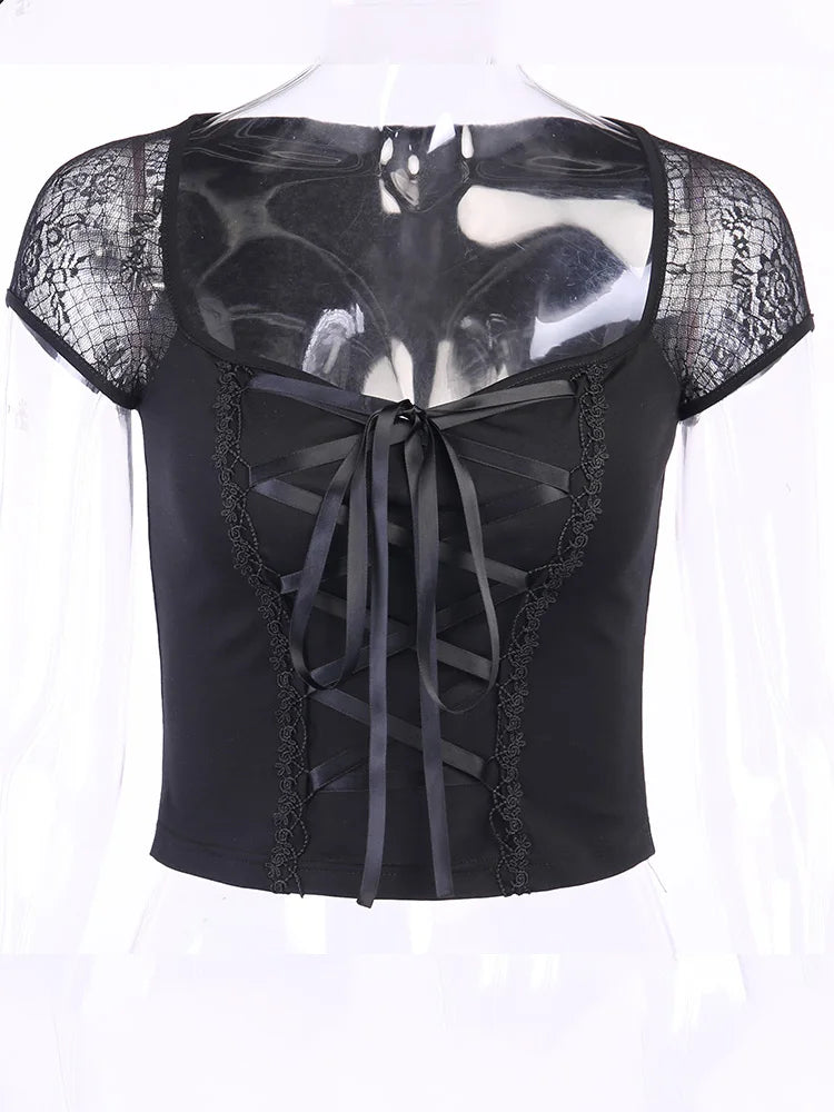 Women's Vintage Gothic T-shirt Bodycon Bandage Lace Black Mesh Top Sexy Casual Gothic Streetwear Female Top