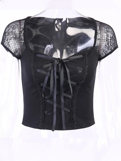 Women's Vintage Gothic T-shirt Bodycon Bandage Lace Black Mesh Top Sexy Casual Gothic Streetwear Female Top