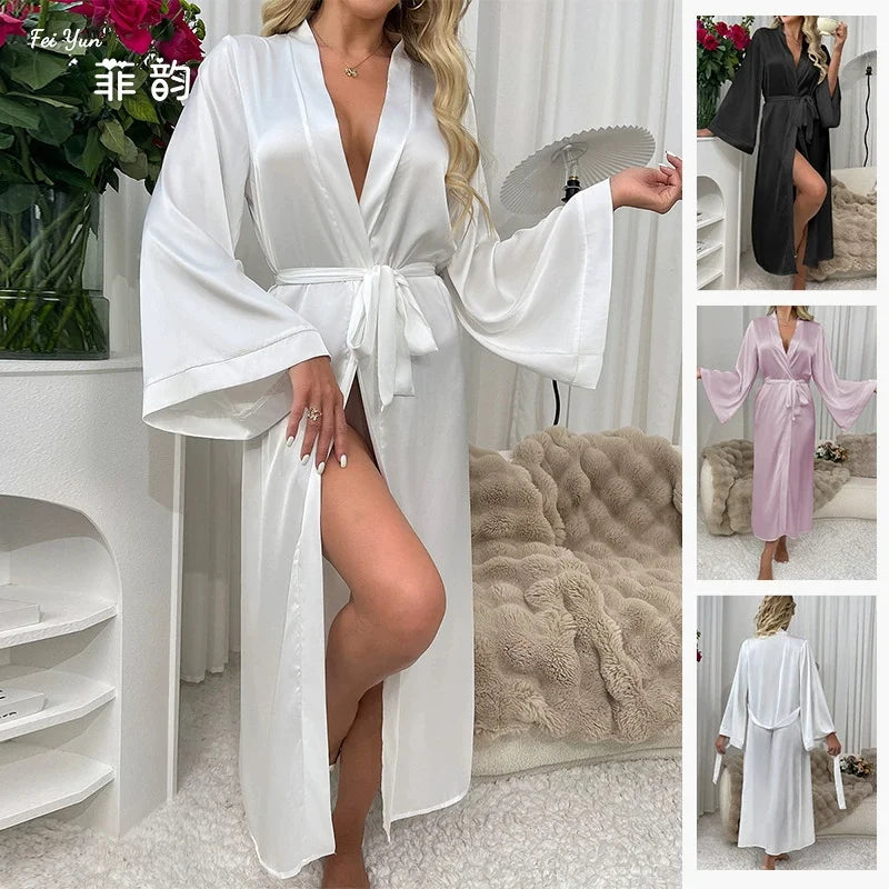 Female Long Robe Sexy White Mesh Patchwork Nightgown Kimono Bathrobe Dressing Gown New Elegant Silky Satin Home Dress Loungewear