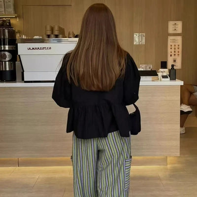 MUJER Ruffle Blouses Woman Puff Sleeve Shirts and Blouses for Women White Black Ruched Crop Top Female Ruched Women's Blouse