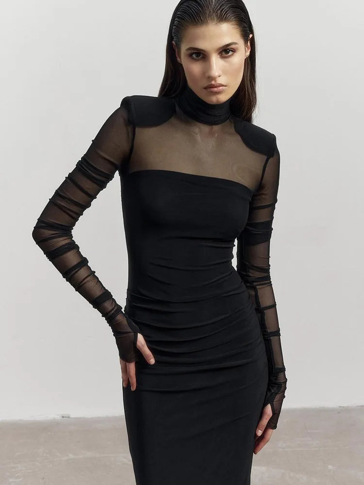 Mesh Patchwork Dresses For Women Fashion Sexy Streetwear Full Sleeve See Through Turtle Neck Slim Fit Long Vestidos Robes Female