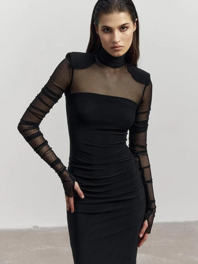 Mesh Patchwork Dresses For Women Fashion Sexy Streetwear Full Sleeve See Through Turtle Neck Slim Fit Long Vestidos Robes Female