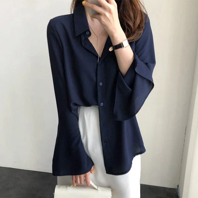 Women Chiffon Blouse Fashion Solid Long Flare Sleeve OL Office Lady Work Top Shirts V-neck White Shirt Elegant Female Clothes