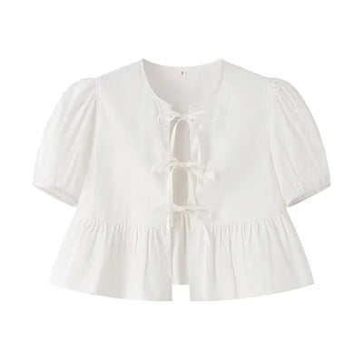 MUJER Ruffle Blouses Woman Puff Sleeve Shirts and Blouses for Women White Black Ruched Crop Top Female Ruched Women's Blouse