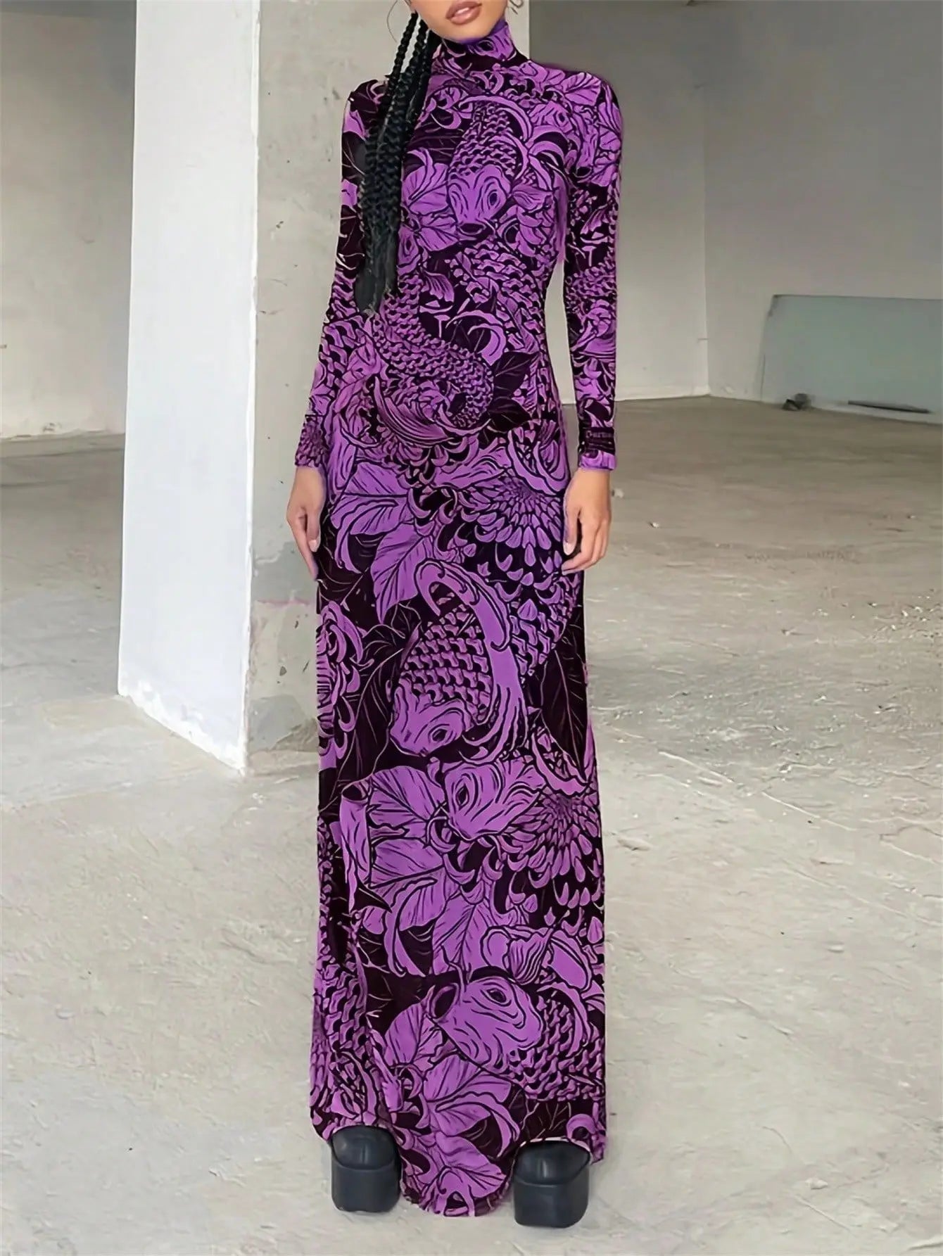 Women's clothing 2025 autumn new fashion mesh printing transparent high collar slim fit dress female