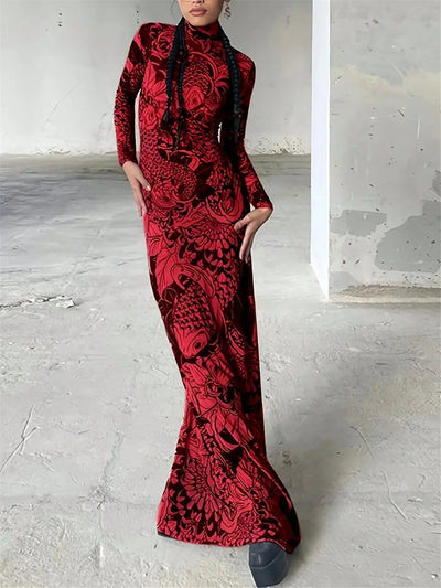 Women's clothing 2025 autumn new fashion mesh printing transparent high collar slim fit dress female