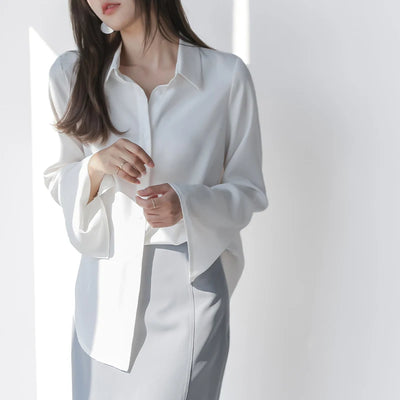 Women Chiffon Blouse Fashion Solid Long Flare Sleeve OL Office Lady Work Top Shirts V-neck White Shirt Elegant Female Clothes