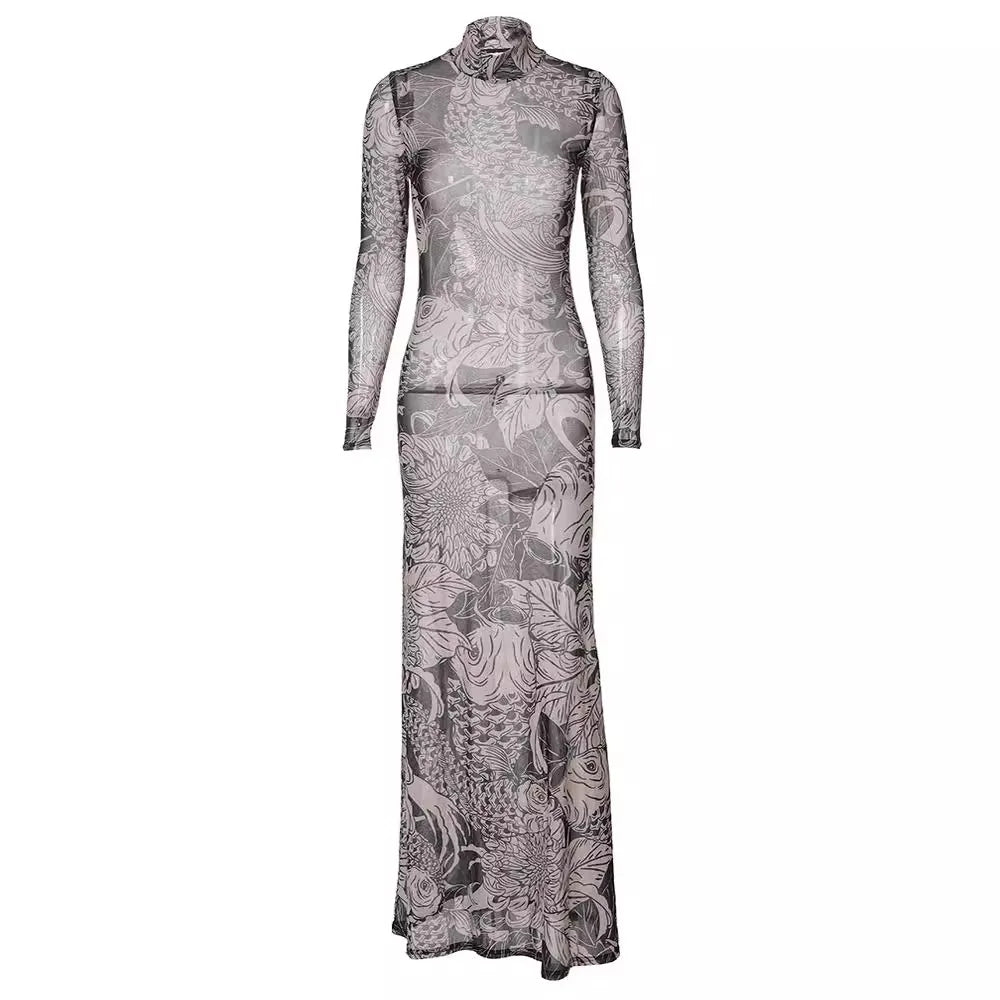 Women's clothing 2025 autumn new fashion mesh printing transparent high collar slim fit dress female