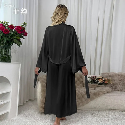 Female Long Robe Sexy White Mesh Patchwork Nightgown Kimono Bathrobe Dressing Gown New Elegant Silky Satin Home Dress Loungewear