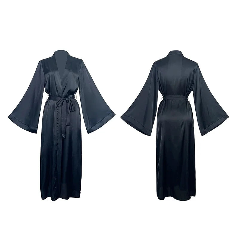 Female Long Robe Sexy White Mesh Patchwork Nightgown Kimono Bathrobe Dressing Gown New Elegant Silky Satin Home Dress Loungewear