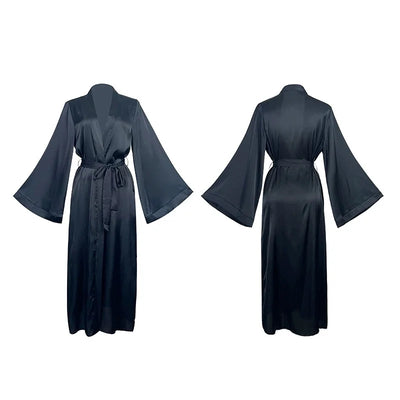 Female Long Robe Sexy White Mesh Patchwork Nightgown Kimono Bathrobe Dressing Gown New Elegant Silky Satin Home Dress Loungewear
