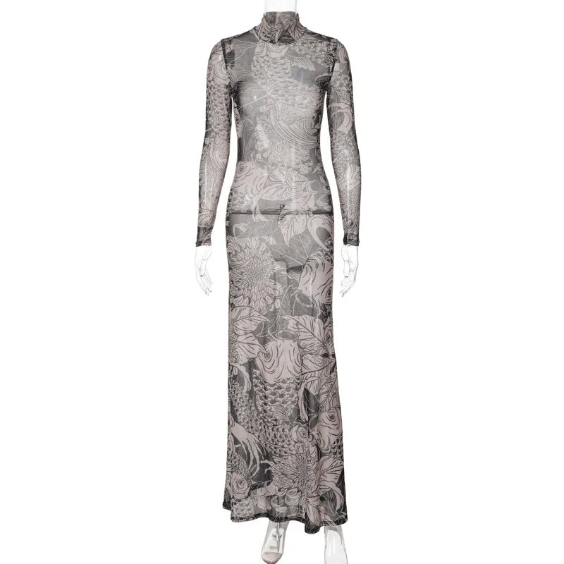 Women's clothing 2025 autumn new fashion mesh printing transparent high collar slim fit dress female