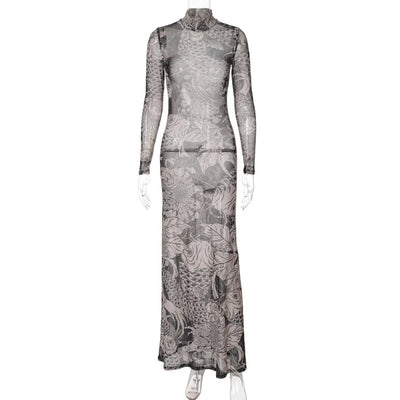 Women's clothing 2025 autumn new fashion mesh printing transparent high collar slim fit dress female