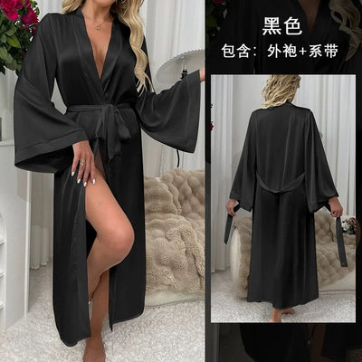Female Long Robe Sexy White Mesh Patchwork Nightgown Kimono Bathrobe Dressing Gown New Elegant Silky Satin Home Dress Loungewear