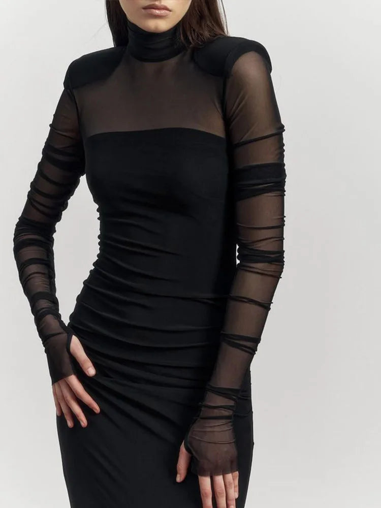 Mesh Patchwork Dresses For Women Fashion Sexy Streetwear Full Sleeve See Through Turtle Neck Slim Fit Long Vestidos Robes Female
