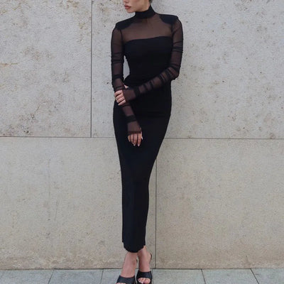 Mesh Patchwork Dresses For Women Fashion Sexy Streetwear Full Sleeve See Through Turtle Neck Slim Fit Long Vestidos Robes Female