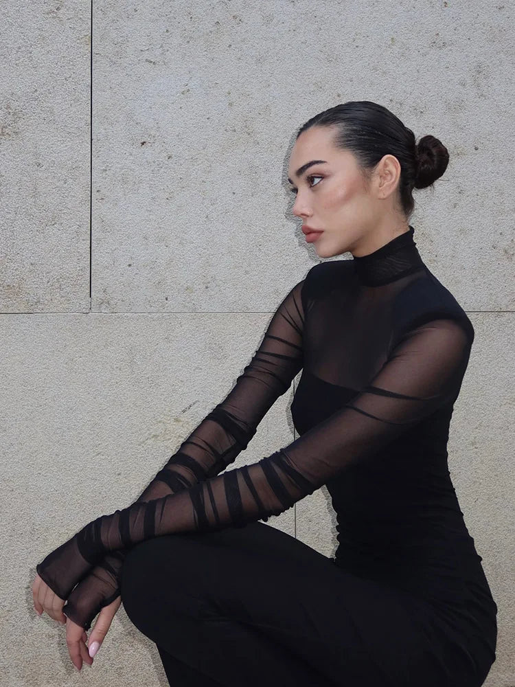 Mesh Patchwork Dresses For Women Fashion Sexy Streetwear Full Sleeve See Through Turtle Neck Slim Fit Long Vestidos Robes Female