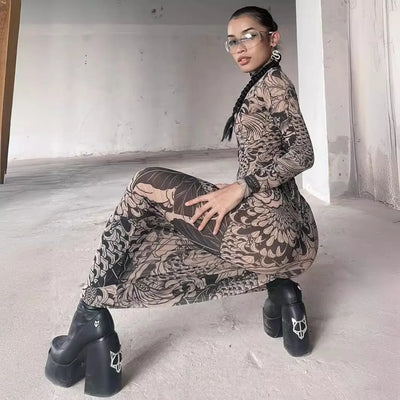 Women's clothing 2025 autumn new fashion mesh printing transparent high collar slim fit dress female