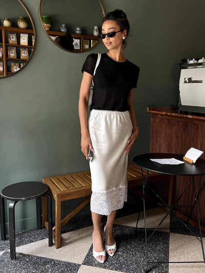 Woman Clothes 2025 Autumn Lace Patchwork Skirts Streetwear Y2K Female Mid-calf Satin Skirt Elegant Female Vacation Party Dress