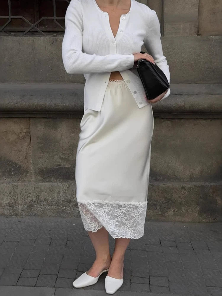 Woman Clothes 2025 Autumn Lace Patchwork Skirts Streetwear Y2K Female Mid-calf Satin Skirt Elegant Female Vacation Party Dress