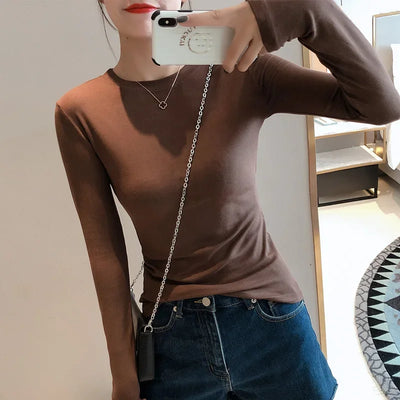 Women 2025 High Quality Plain T Shirt  Cotton Elastic Basic T-shirts Female Casual Tops Long Sleeve Sexy Thin T-shirt