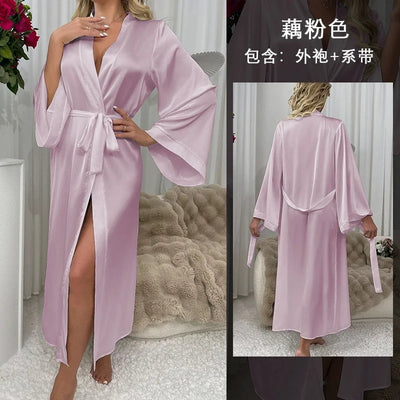 Female Long Robe Sexy White Mesh Patchwork Nightgown Kimono Bathrobe Dressing Gown New Elegant Silky Satin Home Dress Loungewear