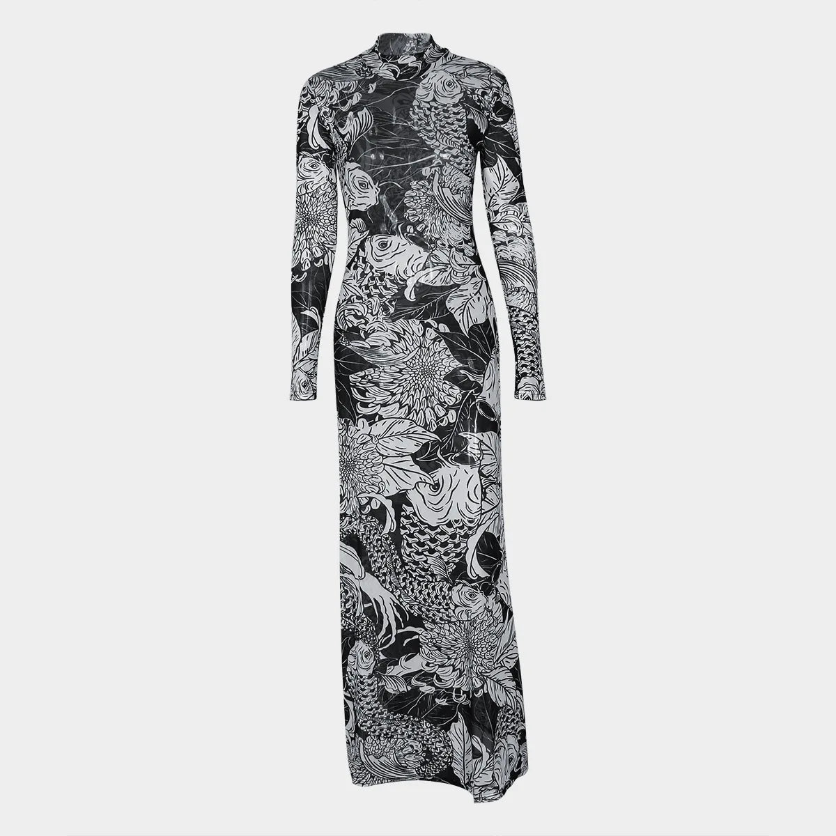 Women's clothing 2025 autumn new fashion mesh printing transparent high collar slim fit dress female