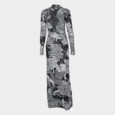 Women's clothing 2025 autumn new fashion mesh printing transparent high collar slim fit dress female