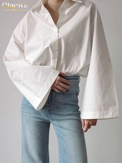 Clacive Fashion Loose White Cotton Women's Blouse 2025 Casual Lapel Long Sleeve Shirt Elegant Classic Solid Top Female Clothing